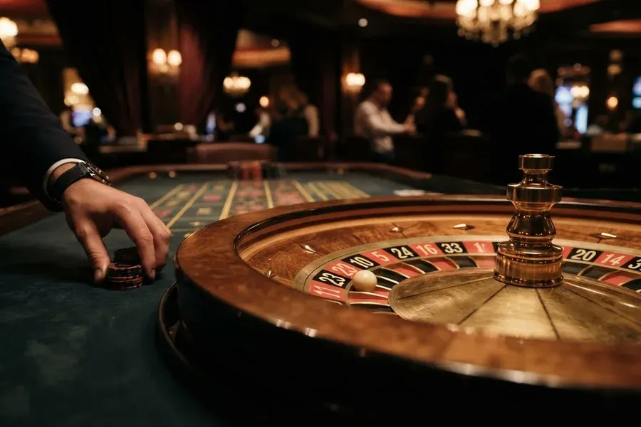 En hånd placerer jetoner ved et roulettehjul i et dæmpet belyst casinorum.